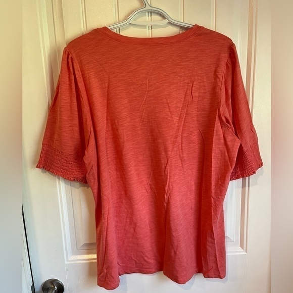 Nwot Belle By Kim Gravel LARGE orange Peach Ruched elbow Sleeve - Picture 6 of 7